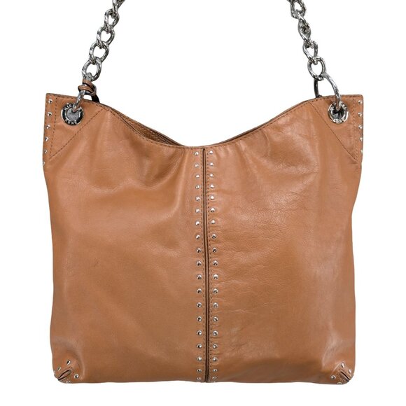 Michael Kors Leather Astor Tote Bag Tan Brown Shoulder Bag 2 Straps Studded 15" - Picture 3 of 13